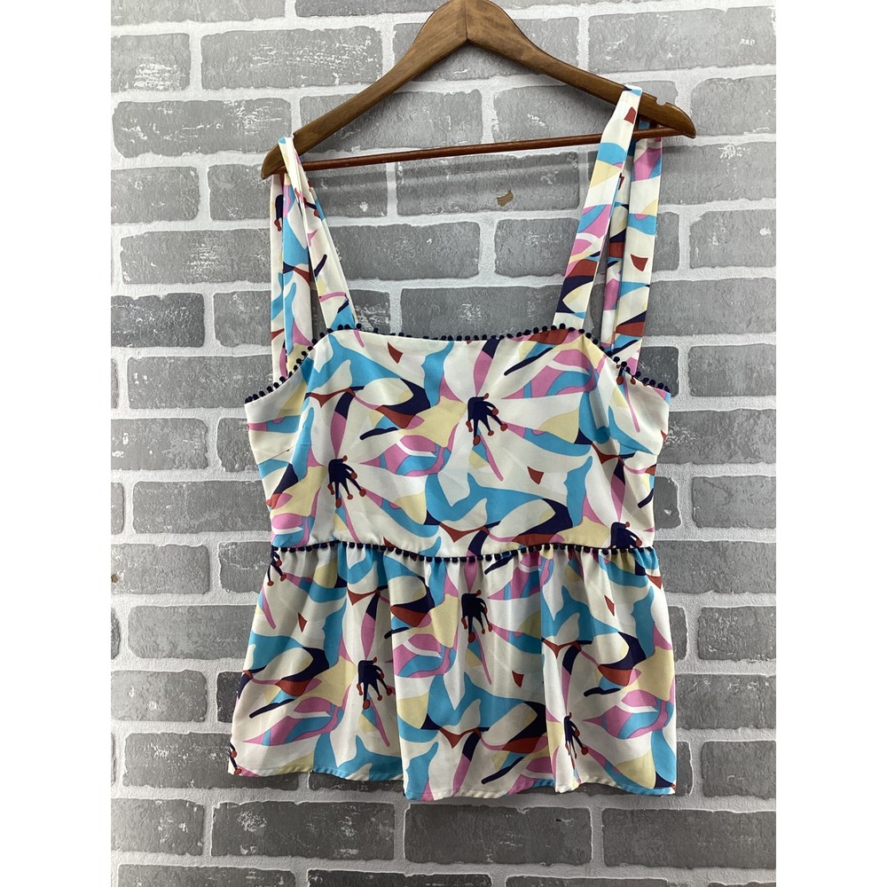 THML Abstract Floral Pom‎ Pom Trim Peplum Tank Top Blue Pink Yellow Large